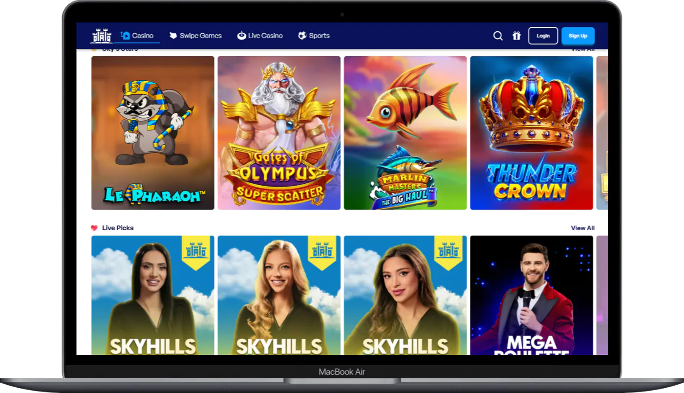 SkyHills Casino interface op een MacBook